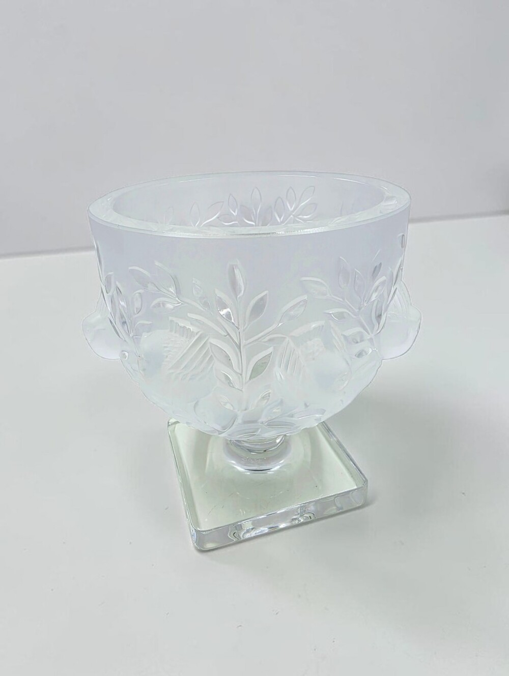 Lalique France Elisabeth Fauna & Flora Frosted Crystal Vase Square Pedestal